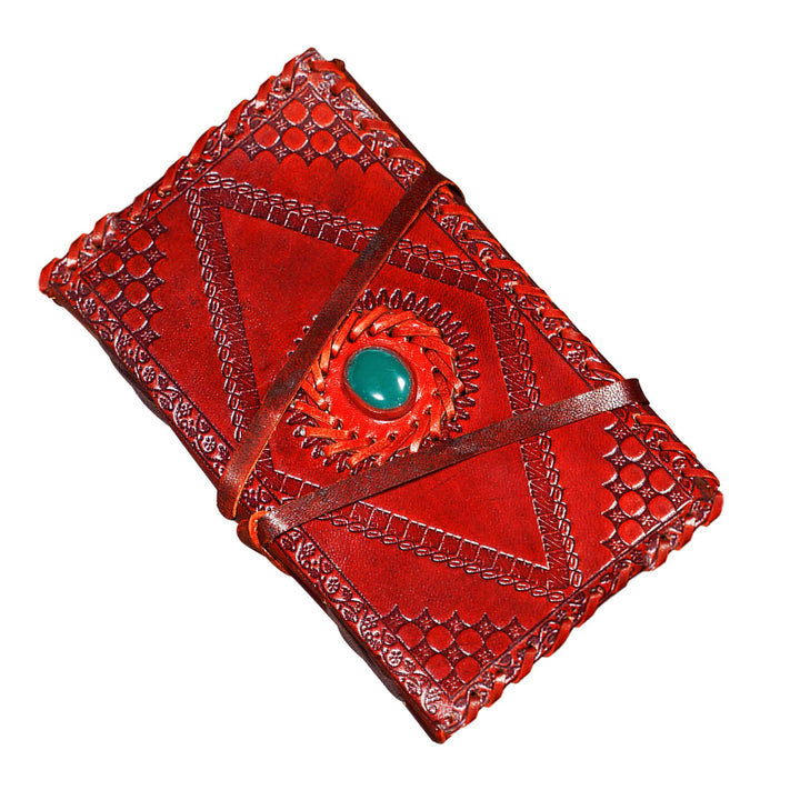 Diario medieval con tapa en piel y piedra, color rojo