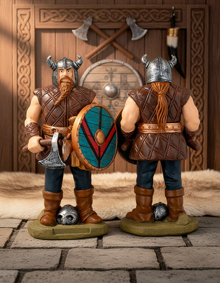 Figura Guerrero vikingo con escudo y hacha, en resina