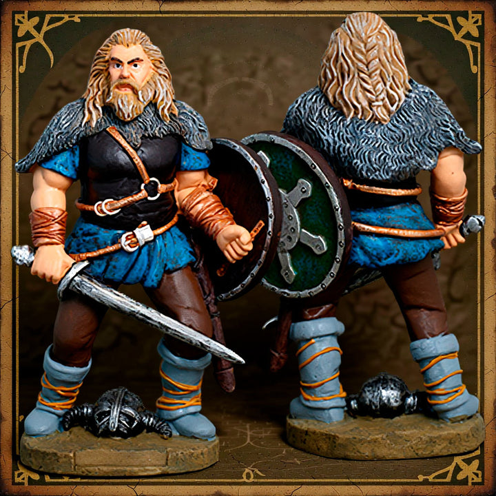 Figura Guerrero vikingo con escudo y espada, en resina