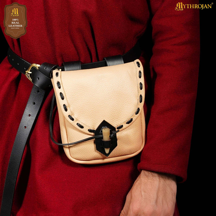 Bolso medieval en cuero con cierre de hueso, color natural