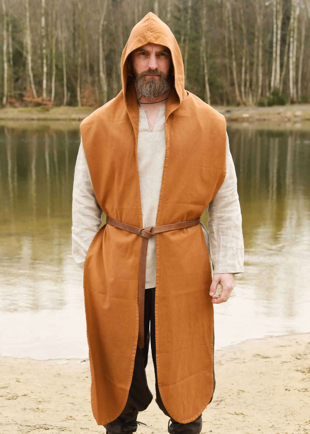 Bufanda medieval con capucha en algodón, color beige