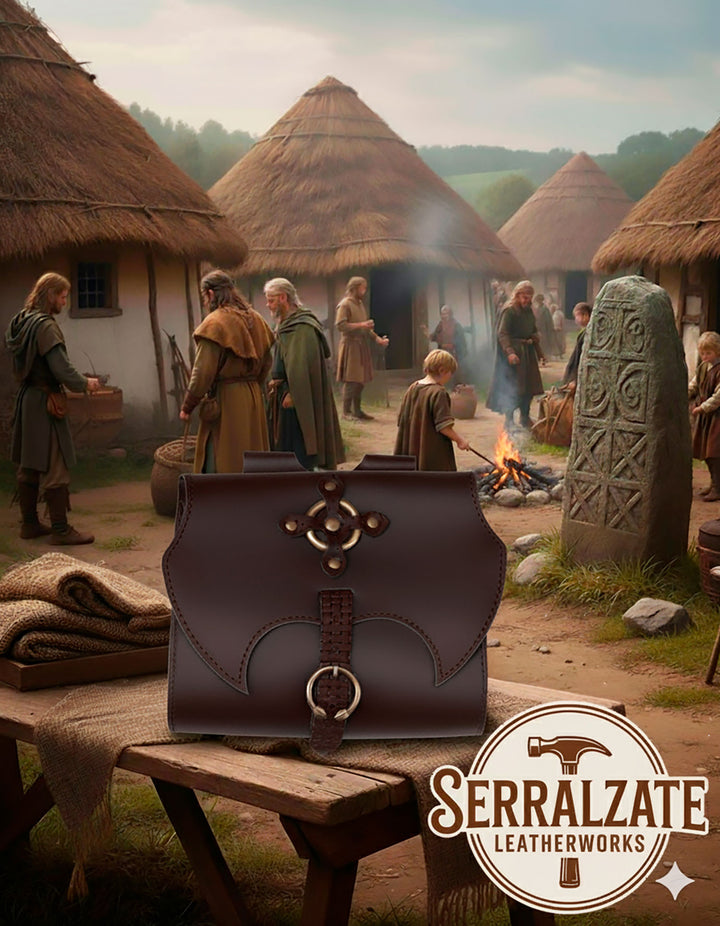 Bolso Celta anillo y cruz en cuero marrón oscuro