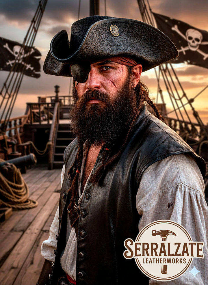 Sombrero Pirata Tricornio de Cuero Deluxe, negro_IA