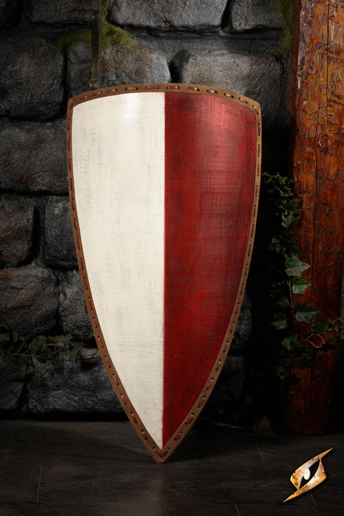 Escudo medieval bicolor para LARP modelo Heater, blanco-rojo