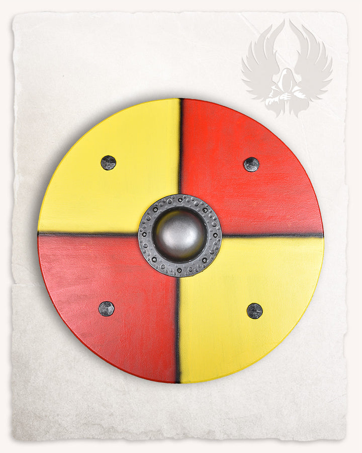 Escudo medieval grande para Larp modelo Rorrik, amarillo-rojo