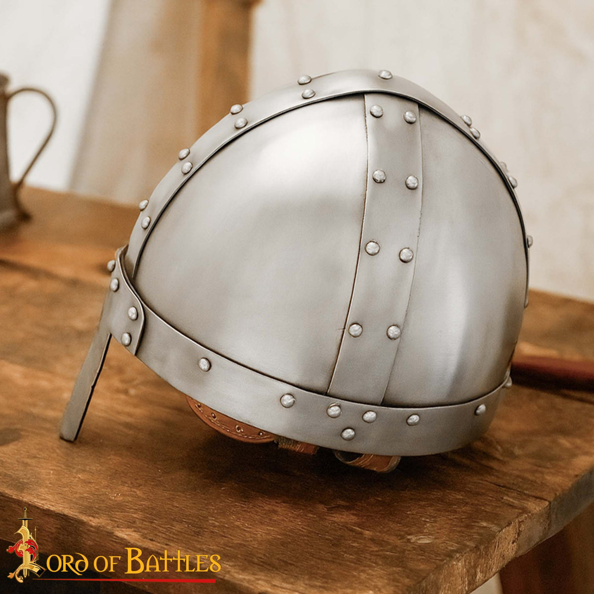 Casco vikingo con nasal Spanghelm, con forro cuero (calibre 14)