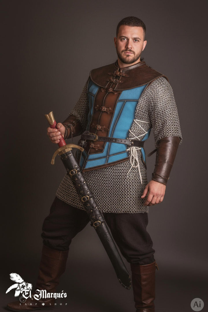 Cuera medieval corta para hombre, serraje azul