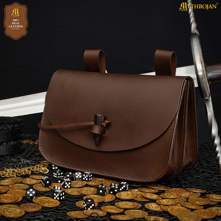 Bolso medieval para cinturón cierre cuerno, color marrón oscuro