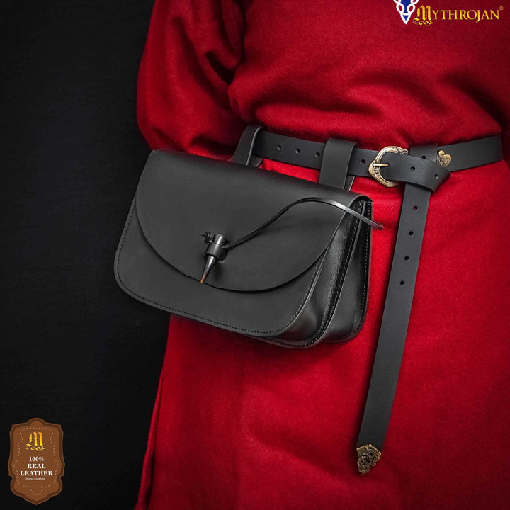 Bolso medieval para cinturón cierre cuerno, color negro