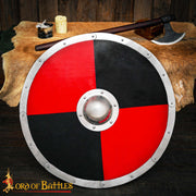 Escudo vikingo de combate en madera maciza, negro-rojo