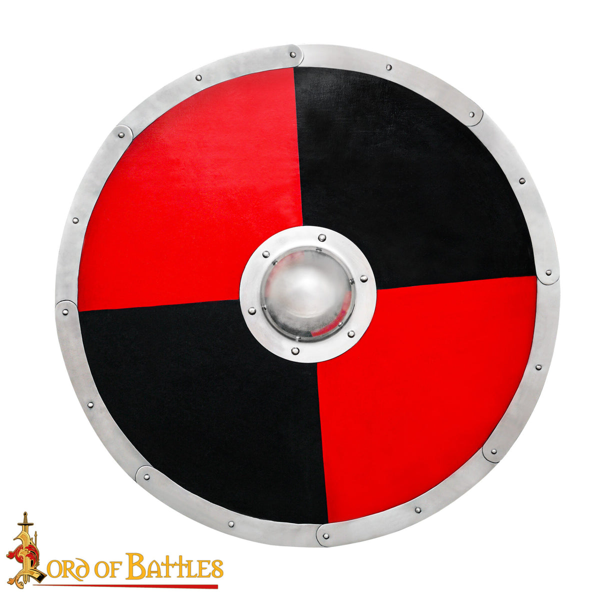 Escudo vikingo de combate en madera maciza, negro-rojo