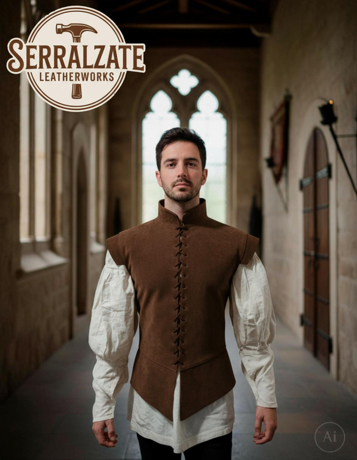 Jubón medieval y renacentista en piel de ante marrón oscuro