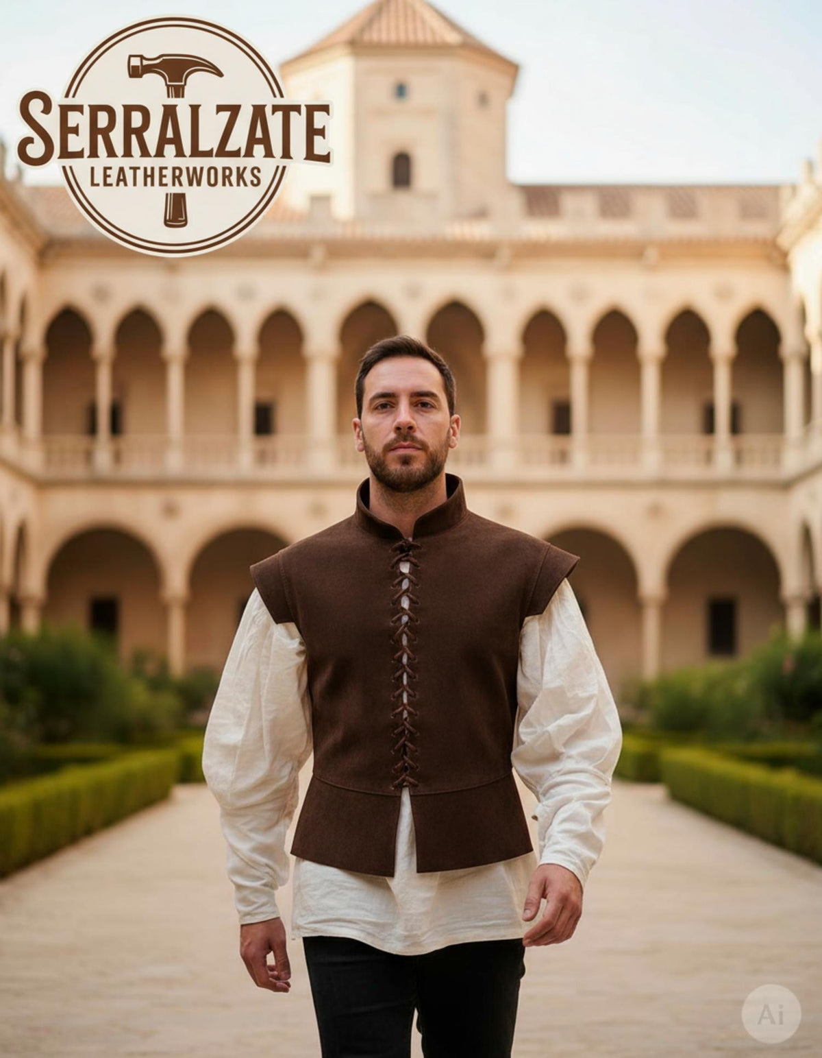 Jubón medieval y renacentista en piel de ante marrón oscuro