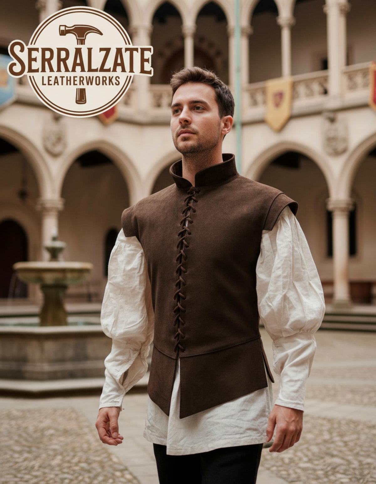 Jubón medieval y renacentista en piel de ante marrón oscuro