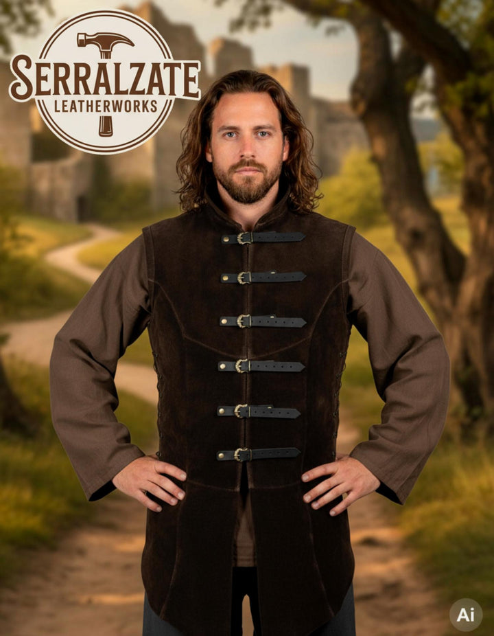 Chaleco medieval ajustable Arturo en ante marrón oscuro