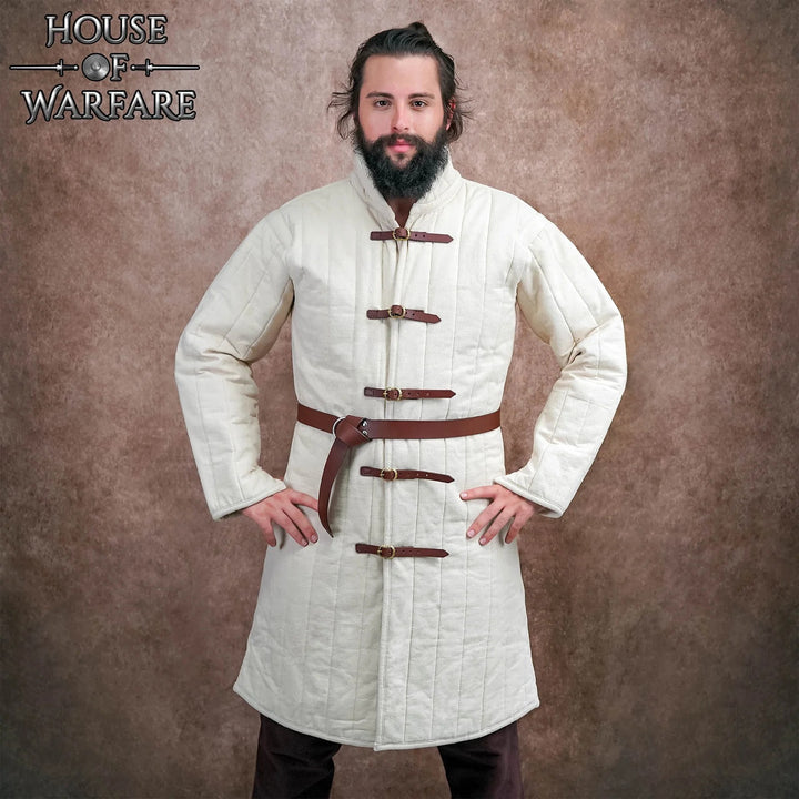 Gambesón medieval acolchado hebillas de cuero, blanco natural