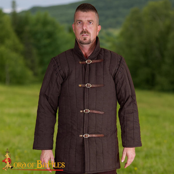 Gambesón medieval marrón triple capa, mangas desmontables