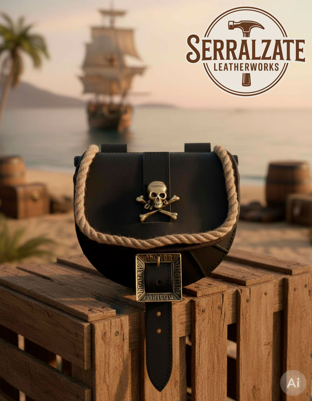 Bolso pirata con calavera para cinturón, negro