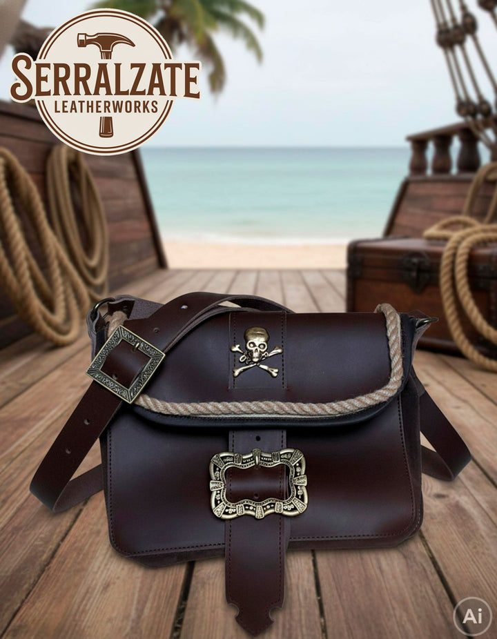 Bolso pirata piel con calavera y hebillas, marrón