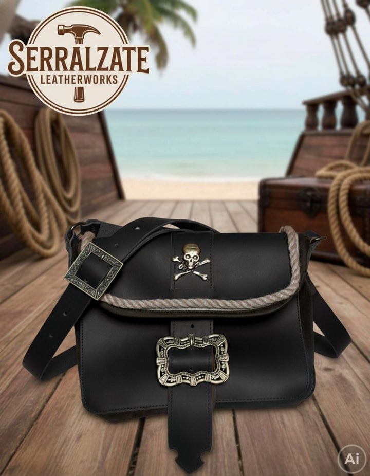 Bolso pirata piel con calavera y hebillas, negro