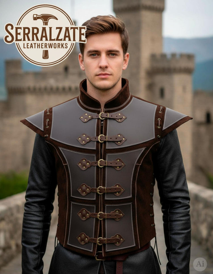 Jubón medieval artesanal cuero auténtico, marrón oscuro