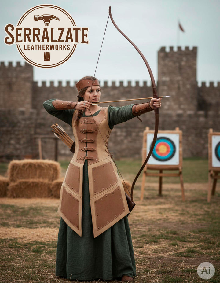 Traje arquera medieval premium en cuero marrón claro