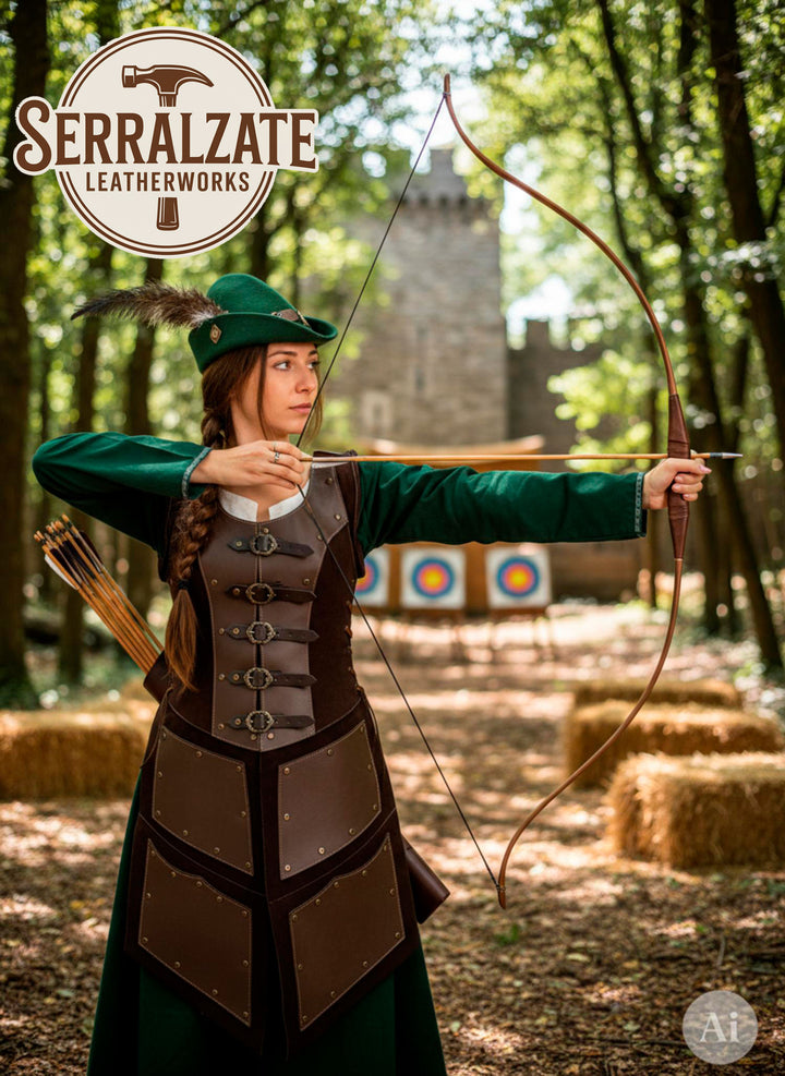 Traje arquera medieval premium en cuero marrón oscuro