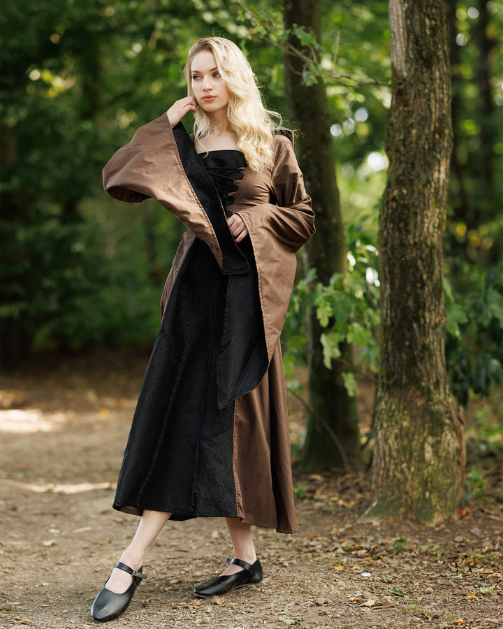 Vestido medieval en algodón modelo Ophelia, negro-marrón