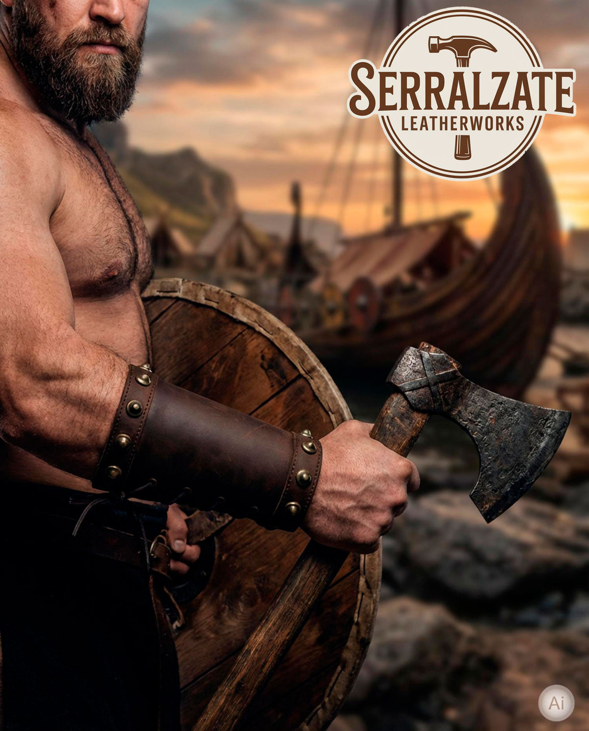 Brazaletes vikingos de cuero marrón y tachuelas