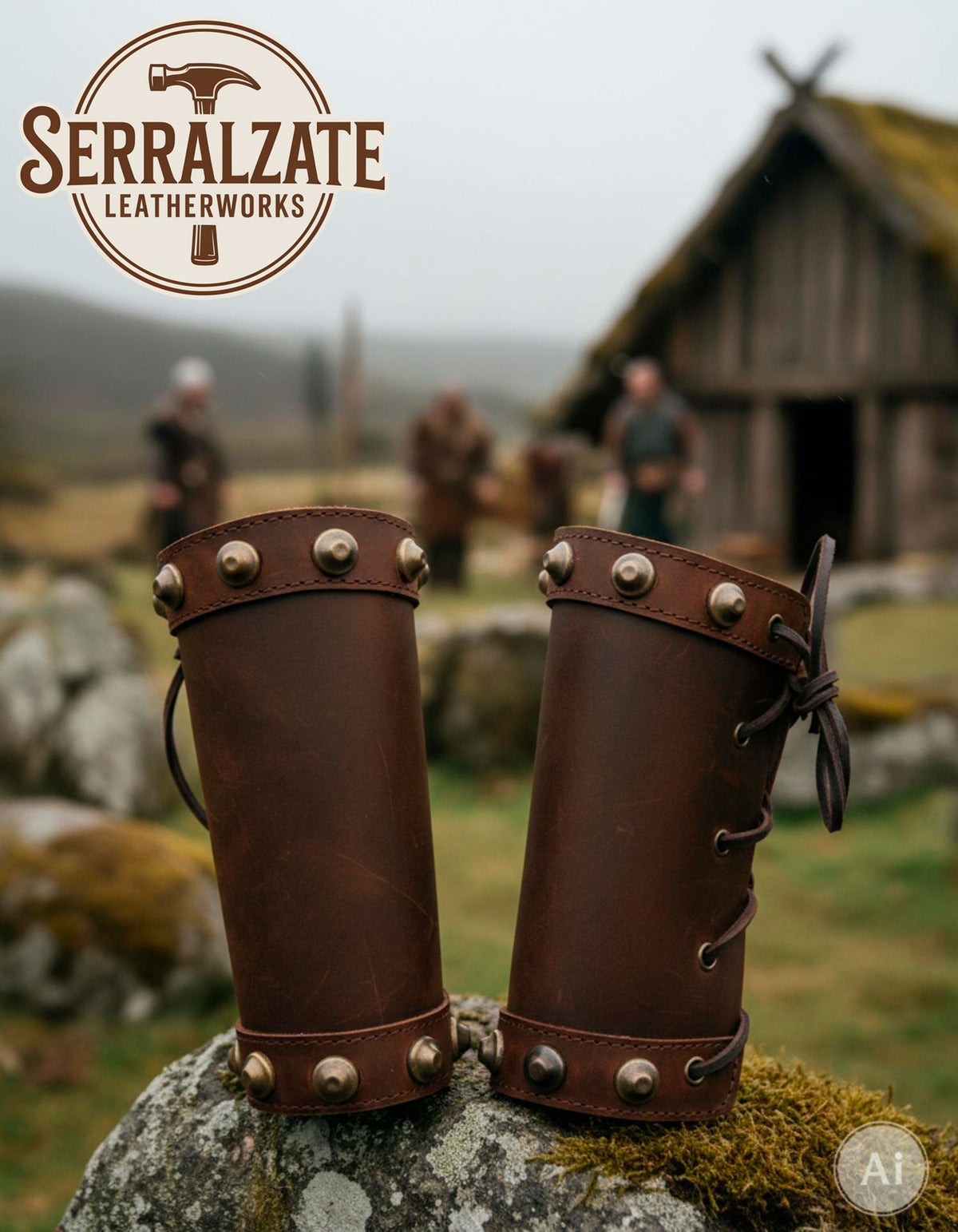 Brazaletes vikingos de cuero marrón y tachuelas
