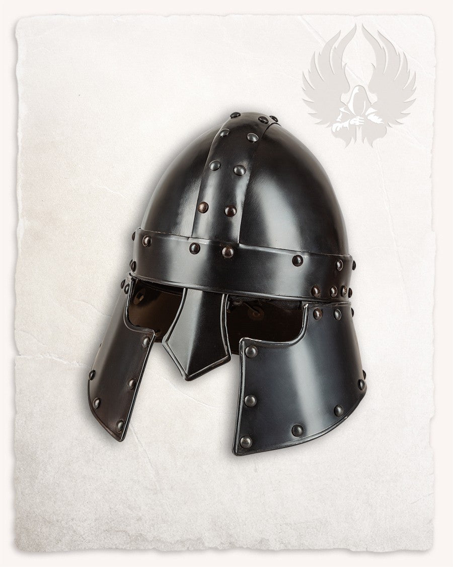 Barbuta medieval modelo Halanor, acabado ennegrecido
