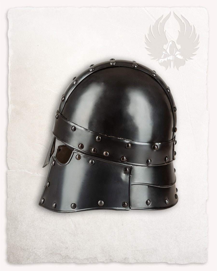 Barbuta medieval modelo Halanor, acabado ennegrecido