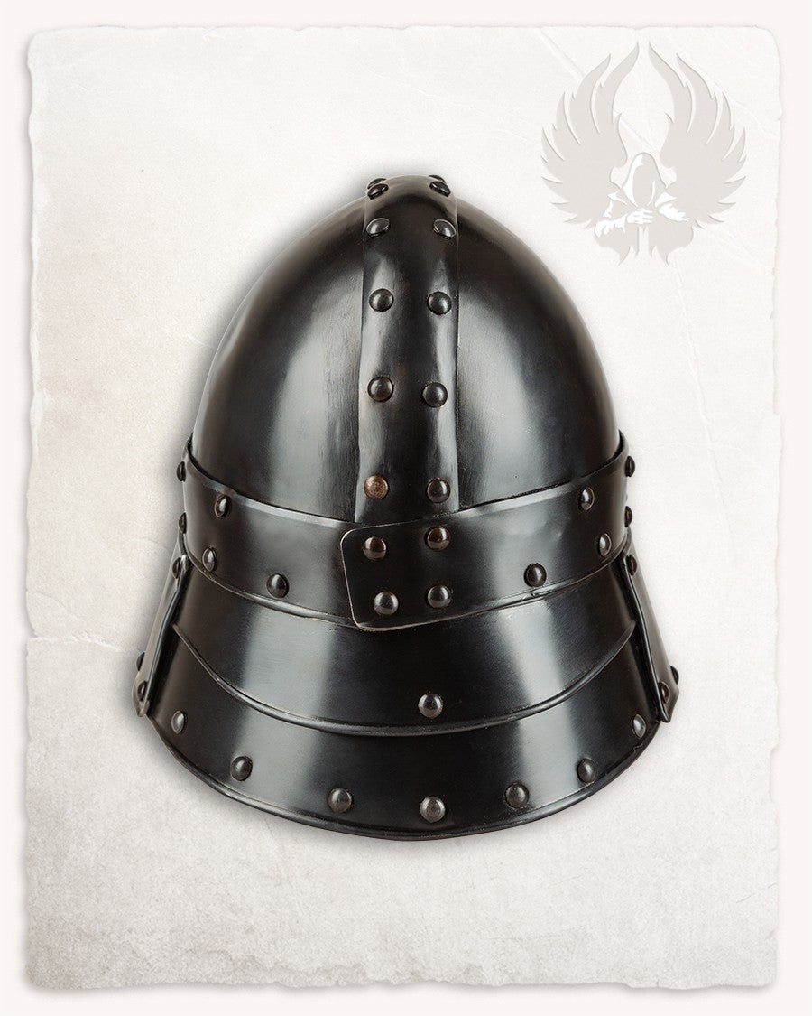 Barbuta medieval modelo Halanor, acabado ennegrecido