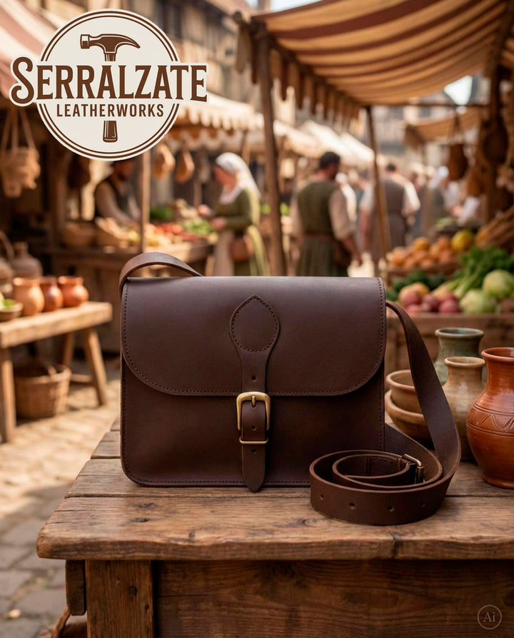 Bolso robusto de cuero medieval para recreacionistas, marrón