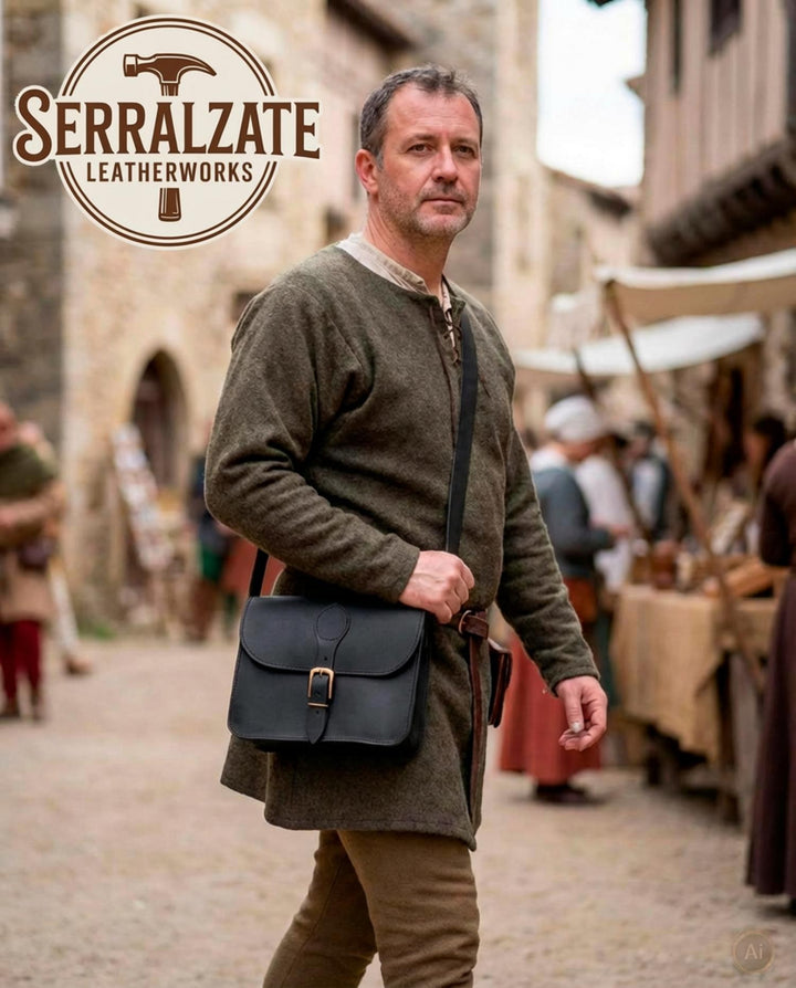 Bolso robusto de cuero medieval para recreacionistas, negro