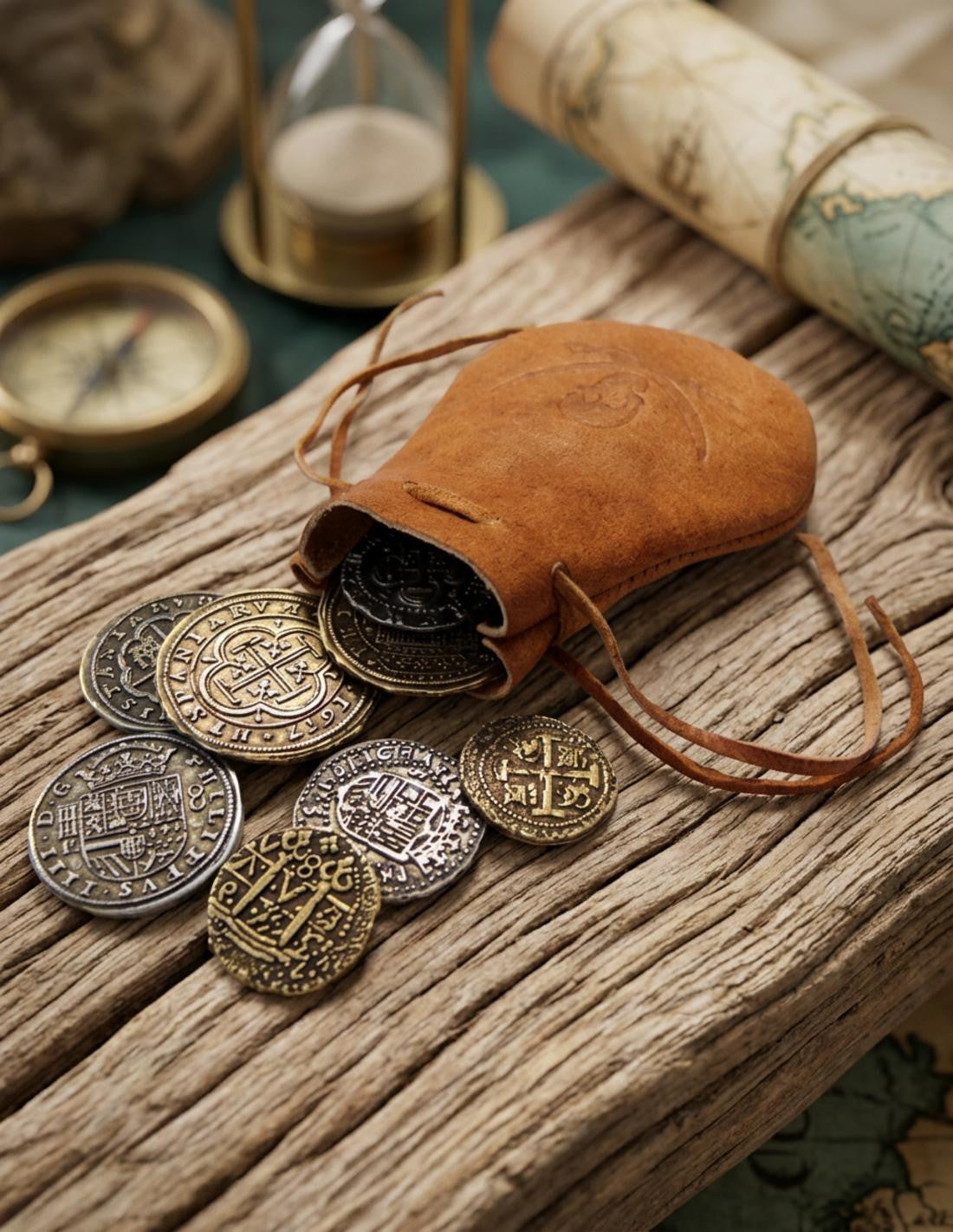 Bolsa de piel pirata con 8 monedas españolas