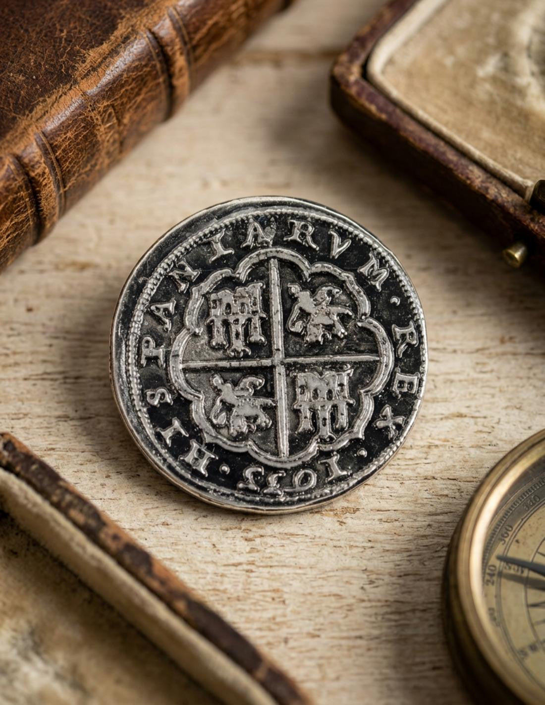 Moneda 8 reales plateada, 3,5 cms.