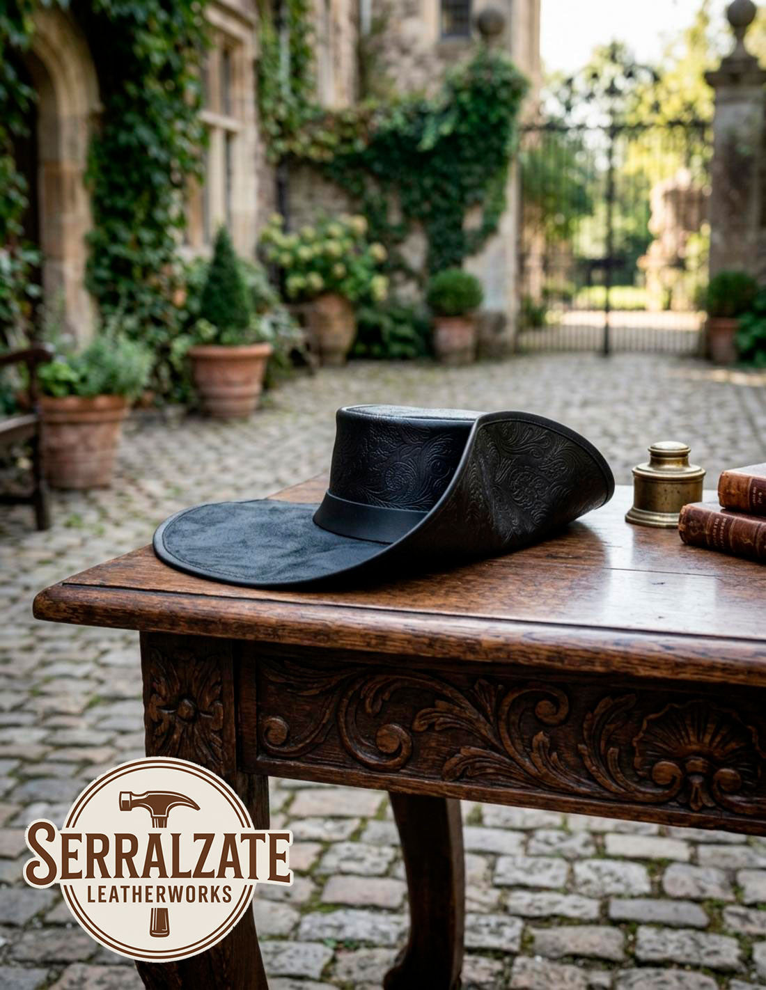 Sombrero Tricornio de Capitán con Grabado Barroco, Cuero negro Deluxe