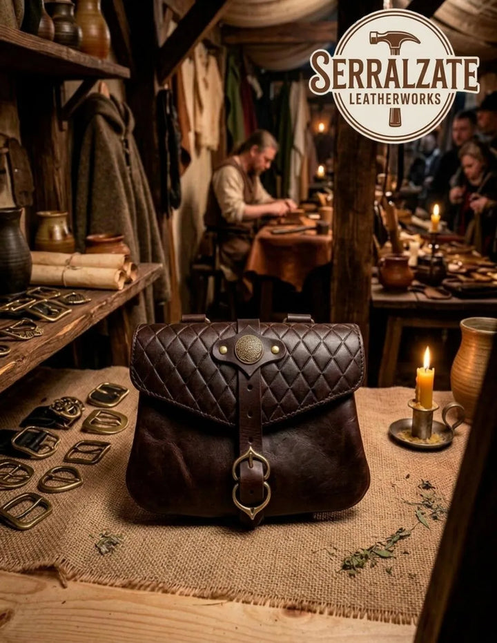 Bolso de Cintura Medieval en Cuero marrón con Relieve de Diamante