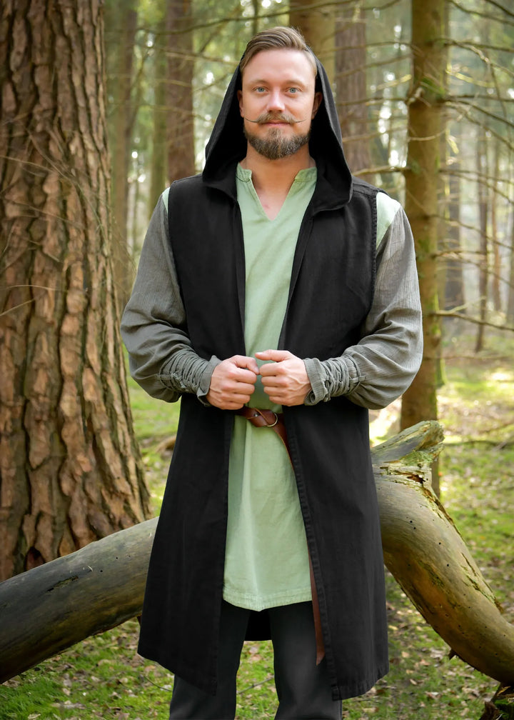 Chaleco medieval con capucha modelo Lorun, color negro