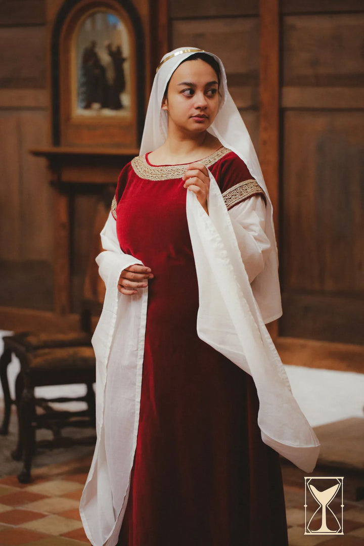 Vestido Medieval rojo-crema Bliaut Noble de Terciopelo