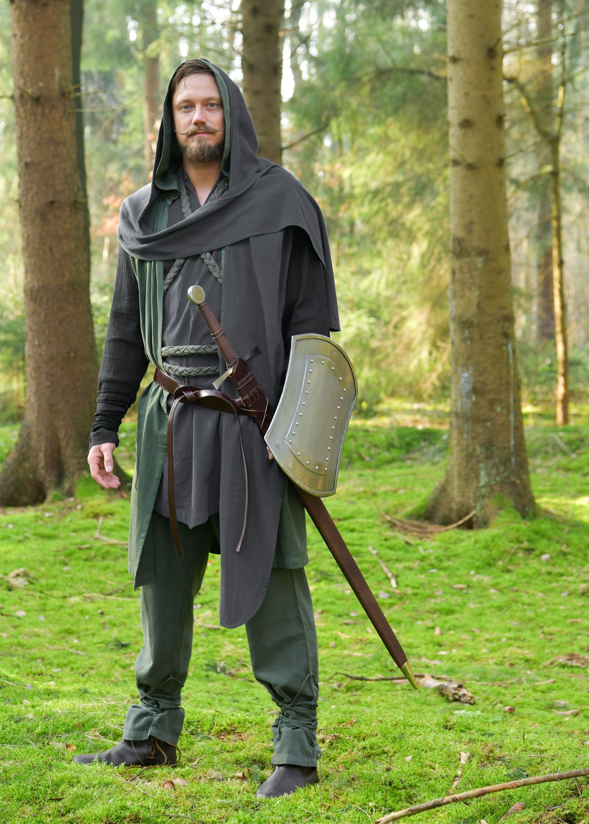 Chal medieval con capucha en algodón, color gris