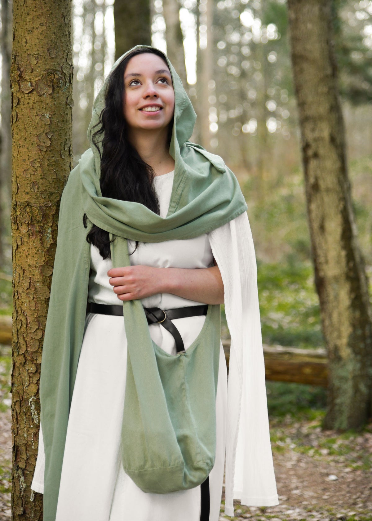 Chal medieval con capucha en algodón, color verde