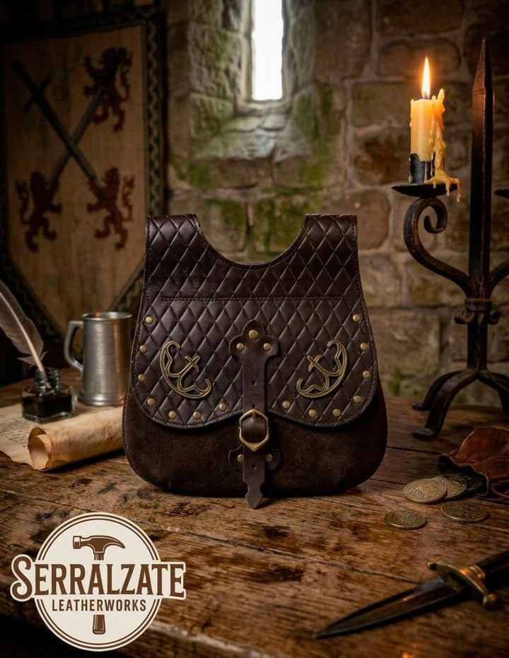 Bolso Medieval con Relieve de Diamante en Cuero Marrón oscuro