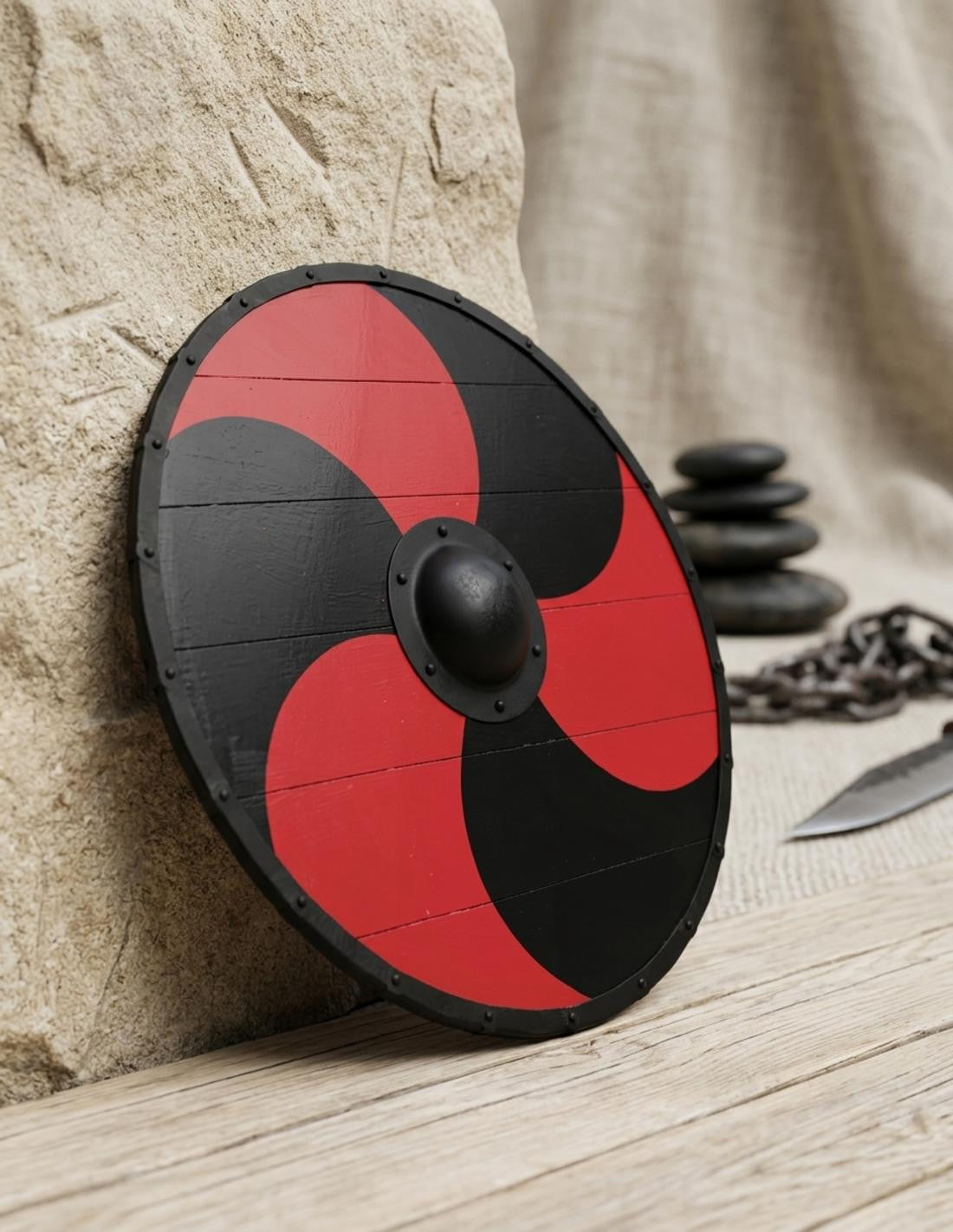 Escudo Funcional de Guerrero Vikingo, rojo-negro
