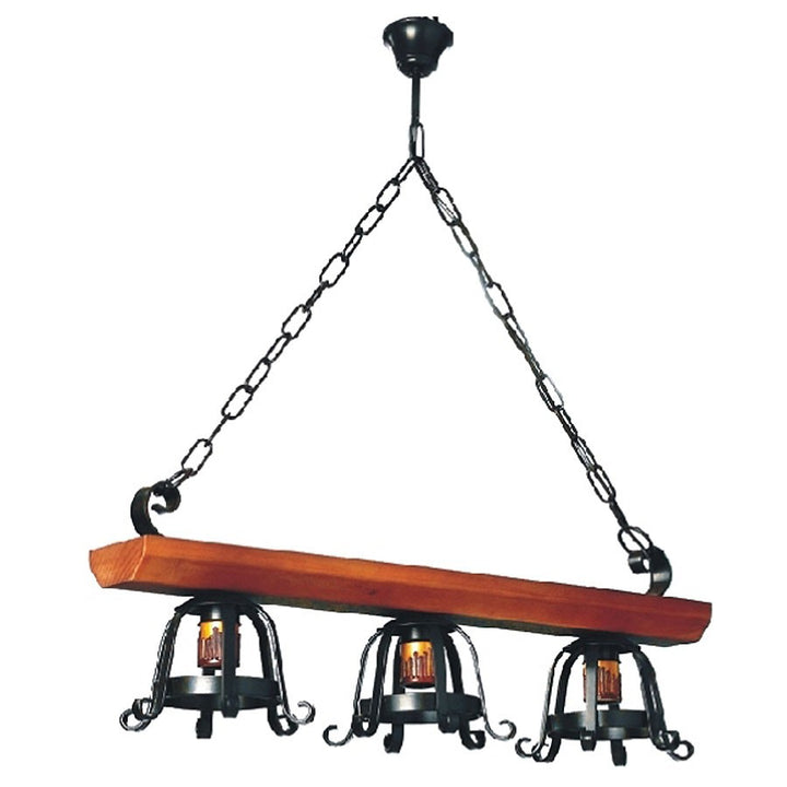 Lámpara forja medieval madera, varias luces