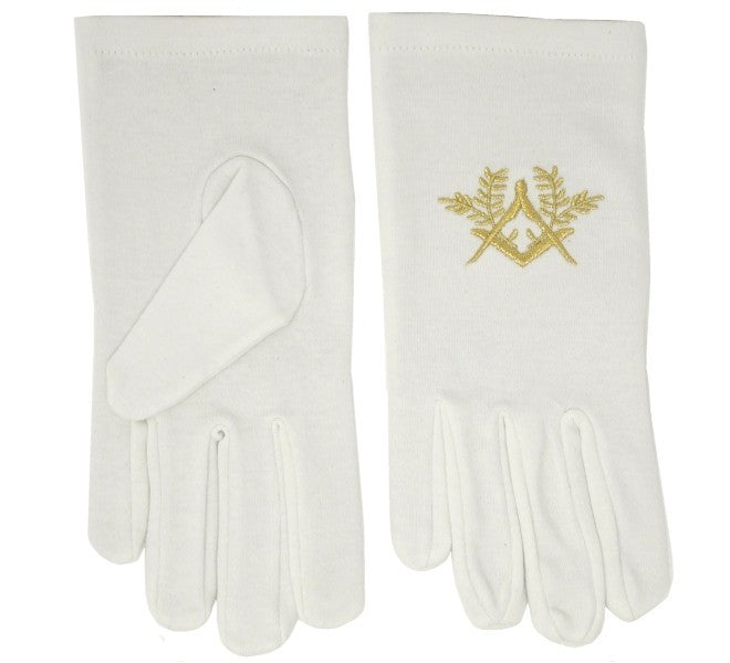 Guantes blancos masónicos con escuadra y compás bordados en dorado