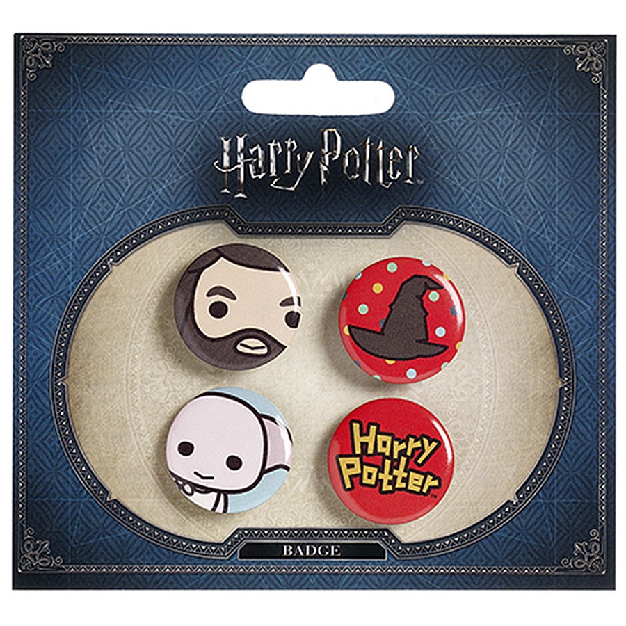 Set de 4 insignias, Hagrid, Sombrero, Dobby y Harry Potter