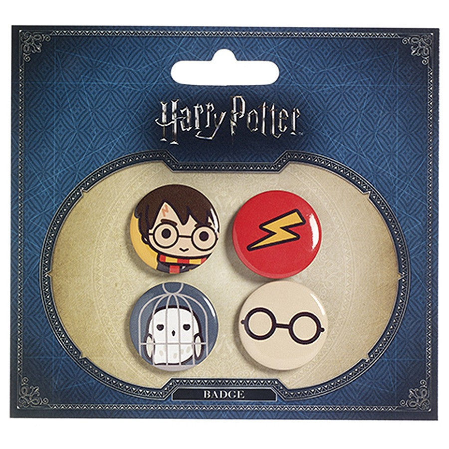 Set de 4 insignias, Harry, Hedwig, Gafas y Marca