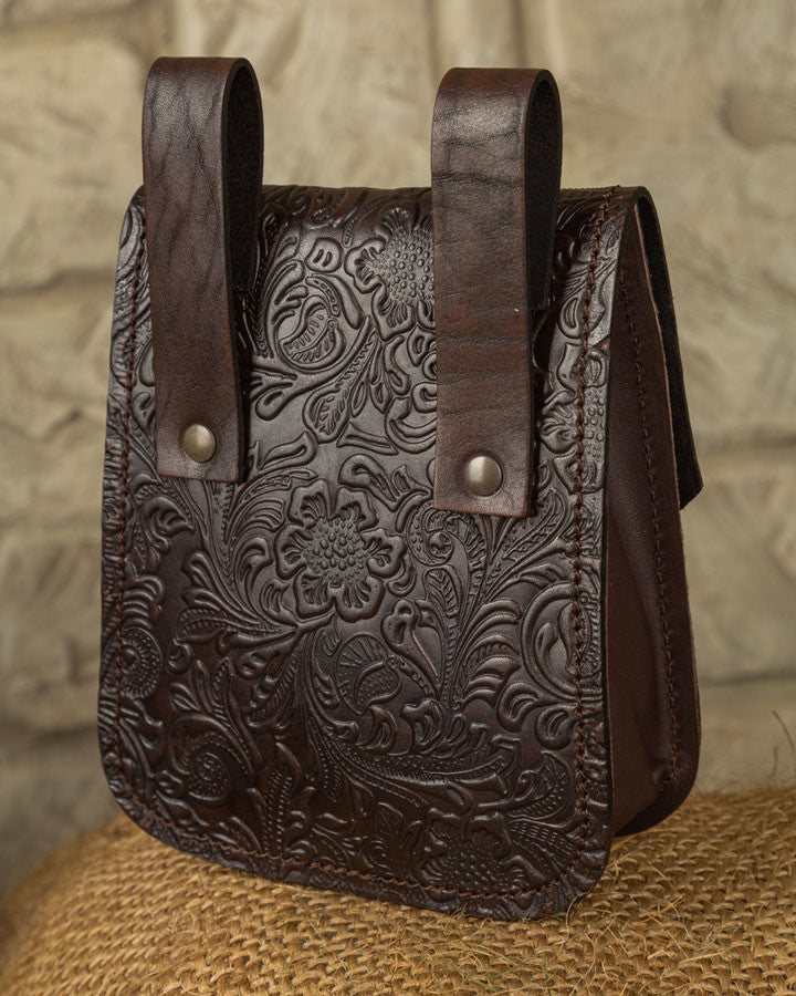 Bolso medieval Beatriz en cuero repujado marrón oscuro